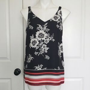 roz & Ali Black Floral Stripe Hem V-neck Tank Sleeveless Top S